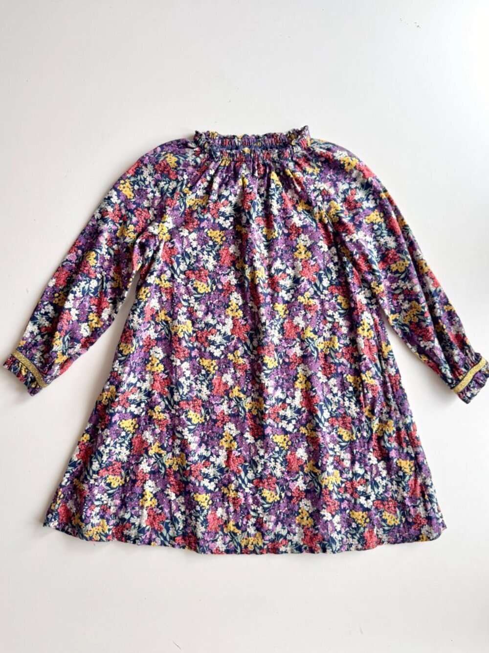 Girl's MINI BODEN Purple Floral Cotton Twill Smocked A-Line Dress, Size 6-7
